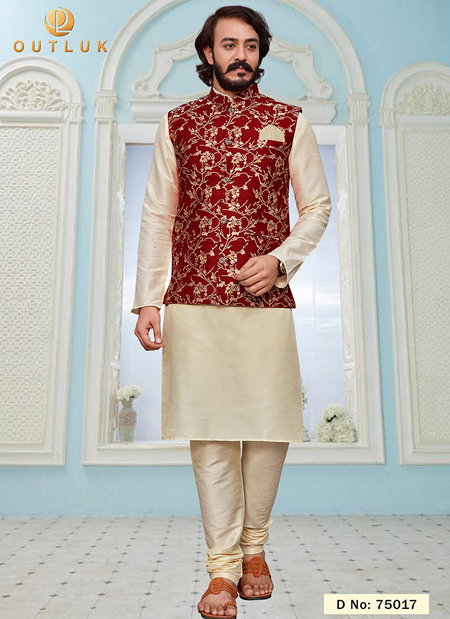 Maroon Colour Outluk Vol 75 Latest Designer Festive Wear Kurta Pajama With Jacket Collection 75017